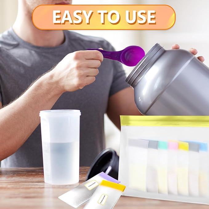 Protein Powder Travel Container Set ,Reusable Protein Powder Supplement Container To Go,14 Pcs Single Dose Bags& 2Pcs Large Zip Bags,Portable Supplement Storage Containers with Spoon , Pen and Labels
