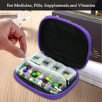 Serfeymi Weekly Travel Pill Organizer Pill Case for Purse with Removable 7 Day Pill Box, Fashionable Travel Medicine Organizer Pill Container for Medicine, Vitamin, Supplement - Black 03 + Purple 01