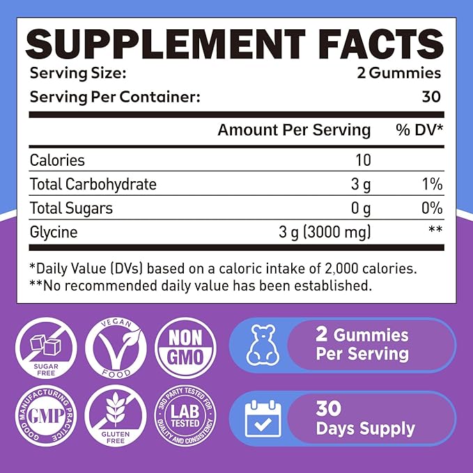 duwhot Glycine Gummies, 3g(3000 mg) Glycine Supplements for Sleep, Detox, Relax, Nerve Support, Blueberry Flavor, Sugar-Free, Vegan, Non-GMO, Gluten-Free, 120 Ct.