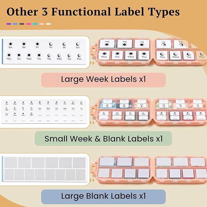 Travel Pill Organizer with Bulk Stickers & Labels - Small & Portable Week Daily Medicine Pharmacy for Pocket, Bag - 14-Compartment Foldable Supplement Box Holder for Fish Oil Vitamin - Pink