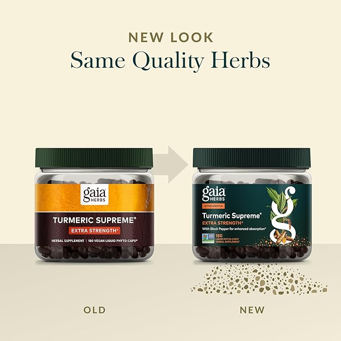 Gaia Herbs Turmeric Supreme Extra Strength - Supports Occasional Discomfort from Normal Wear & Tear* - with Turmeric Curcumin & Black Pepper - 180 Vegan Liquid Phyto-Caps (Up to 180 Servings)