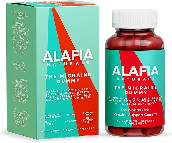 Alafia Naturals The Migraine Gummy - World's First Comfort and Support Gummy - Magnesium Glycinate, Butterbur, Feverfew, CoQ10, Vitamin B2 400mg Riboflavin 400mg 60ct