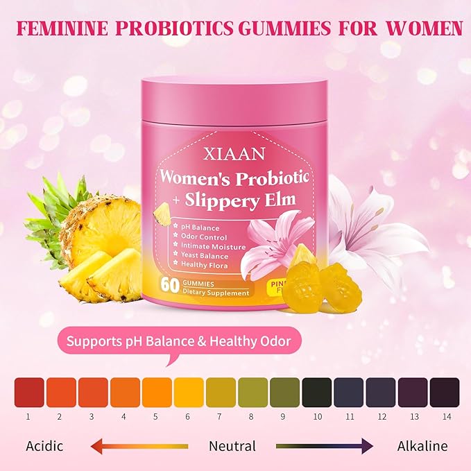 Women Probiotic Slippery Elm Gummies, Her Juicy Feminine Probiotics Supports pH Balance & Immune System, Vaginal Probiotic Gummies, Suagr-Free, Veagn, Pineapple Flavor, 60 Count