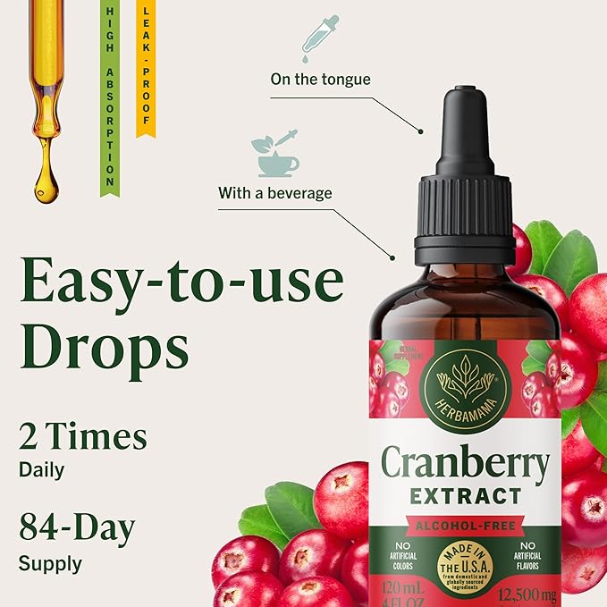 HERBAMAMA Cranberry Supplement Tincture - Vegan Urinary Tract Support for Men and Women with Cranberry Extract - Non-GMO, Alcohol & Sugar-Free Kidney Support Supplement, 84-Day Supply
