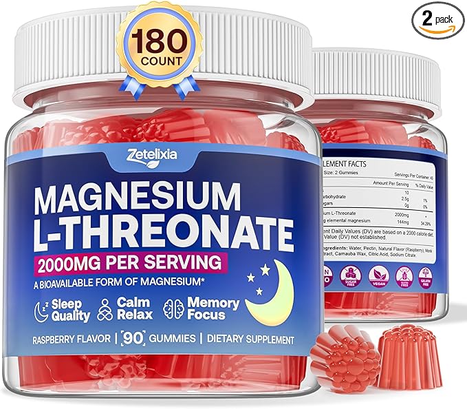 180 Count | 2 Pack Magnesium L-Threonate Gummies 2000mg, Magnesium Threonate Supplement for Adults & Kids, Support Cognition, Restful Sleep & Muscle Health, Sugar Free, Vegan, Non-GMO