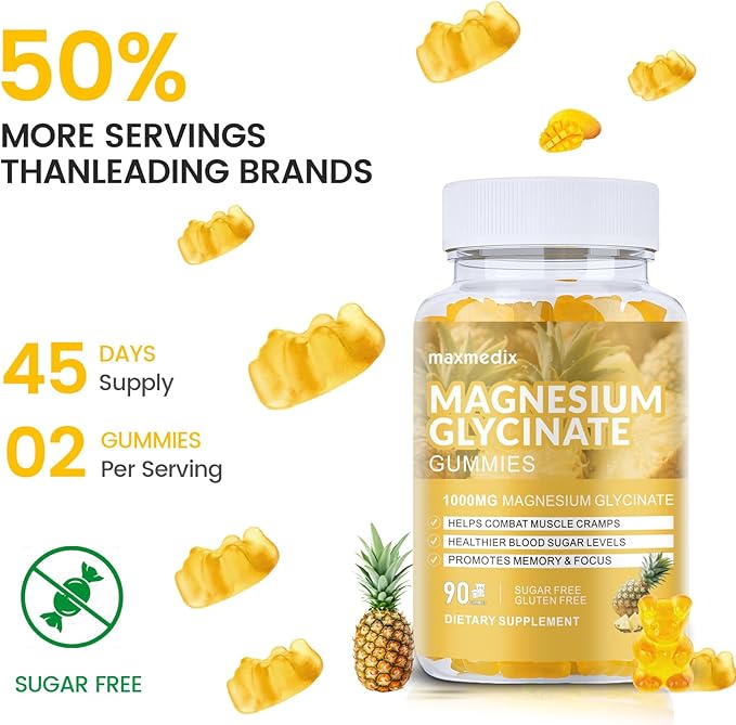 Magnesium Glycinate Gummies 1000mg, Sugar Free Magnesium Potassium Supplements Chewable for Adults with L-Threonate for Sleep, Body Support and Relaxation,90 Pineapple Gummies