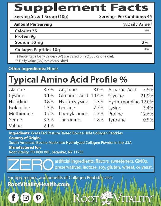 Root Vitality Collagen Peptides Powder - Grass-Fed, Pasture-Raised Hydrolyzed Protein Supplement for Skin, Hair, & Nails - Non-GMO, Zero Sugar Daily Supplement for Men & Women (45 Servings)