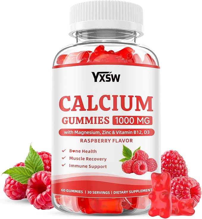 Calcium Gummies 1000mg with Vitamin D3 K2 & B12 Complex, High Absorption Potassium, Calcium Magnesium Zinc Supplement for Bone, Muscle, Mood and Immunity Support, Raspberry Flavor, 60 Count