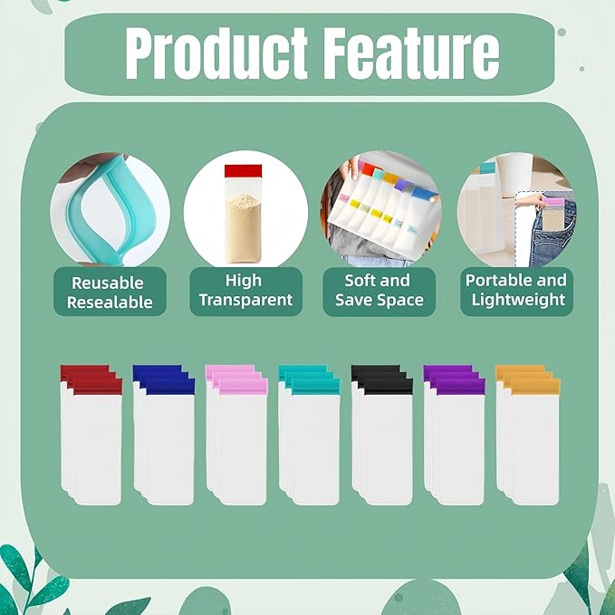 21 Pack Protein Powder Travel Bulk Containers 7 Colors Mixed Reusable Resealable Portable Bags Clear EVA Packets to Go Supplement Storage Organizer for Gym Workout Fitness