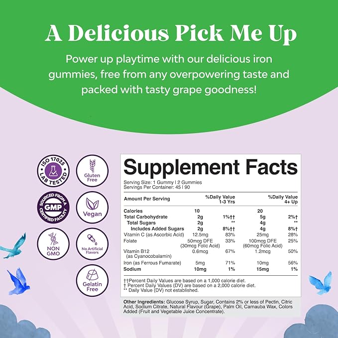 Kids Iron Gummies - Blood Builder Iron Supplements for Kids with Gentle for Stronger Immunity & Energy - Vitamin B12, Folate & Vitamin C Gummies - Vegan GMO & Gluten Free for Toddlers - 90 Count