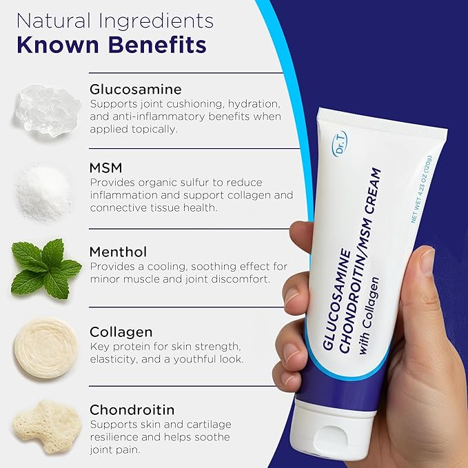 Dr. T Glucosamine Chondroitin Cream - Premium Formula with MSM and Collagen for Joint and Muscle Discomfort - Maintains Joint Strength, Flexibility & Muscle Mobility - 4.23 oz / 120g (1 Pack)