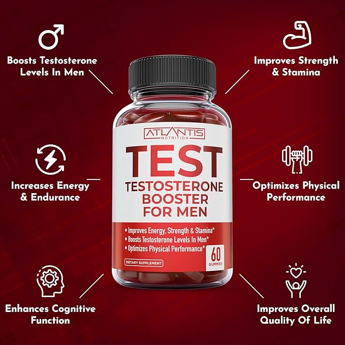 Atlantis Nutrition Testosterone Booster Gummies for Men - Enhances Strength & Stamina - Optimizes Performance & Male Enhancement - Tribulus, Goat Weed Extract, Maca Root Extract | 60 Gummies