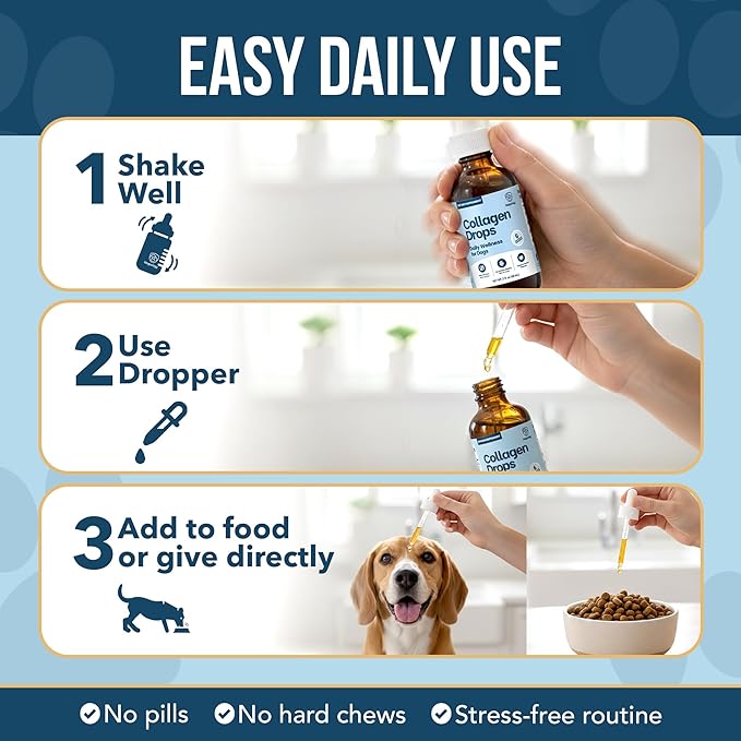 Liquid Collagen for Dogs - Dog Collagen Drops for Dogs, Supports Joints, Skin, Coat, Bones and Itch Relief for Dog, 6 in 1 Formula, 3 Types Collagens, Biotin, Vitamin C, Vitamin E and Hyaluronic Acid