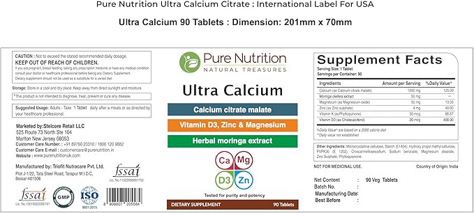 Pure Nutrition Ultra Calcium 1000mg with VIT D3 + K2 | 90 Tab | Calcium Supplement with Calcium Citrate Malate, VIT D3, K2, Moringa Oleifera, Magnesium and Zinc.