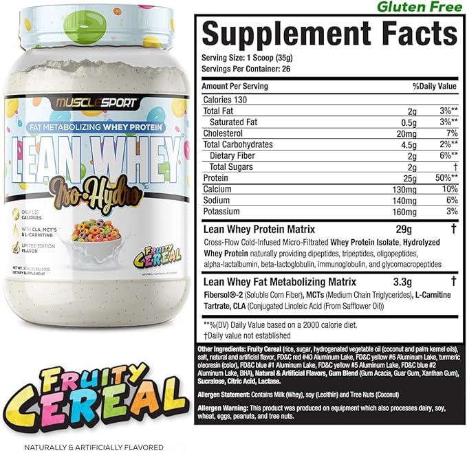 MuscleSport Lean Whey Revolution™ Protein Powder - Whey Protein Isolate - Low Calorie, Low Carb, Low Fat, Incredible Flavors - 25g protein per scoop (2lb, Fruity Cereal)