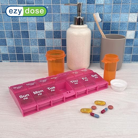 EZY DOSE Push Button (7-Day) Pill Case, Medicine Planner, Vitamin Organizer, 2 Times a Day, AM/PM Container, X-Large Compartments, Arthritis Friendly, Easy to Use, Transparent Lids, Pink, BPA Free