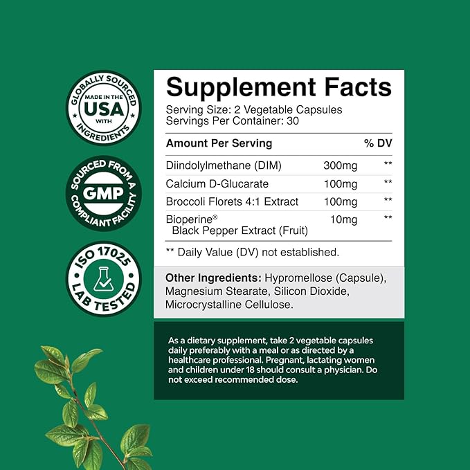 Pure DIM Supplement for Men with Bioperine - DIM Estrogen Blocker for Men for Hormone Balance & Prostate Health - Diindolylmethane Testosterone Complex with Broccoli Florets - 60 Count