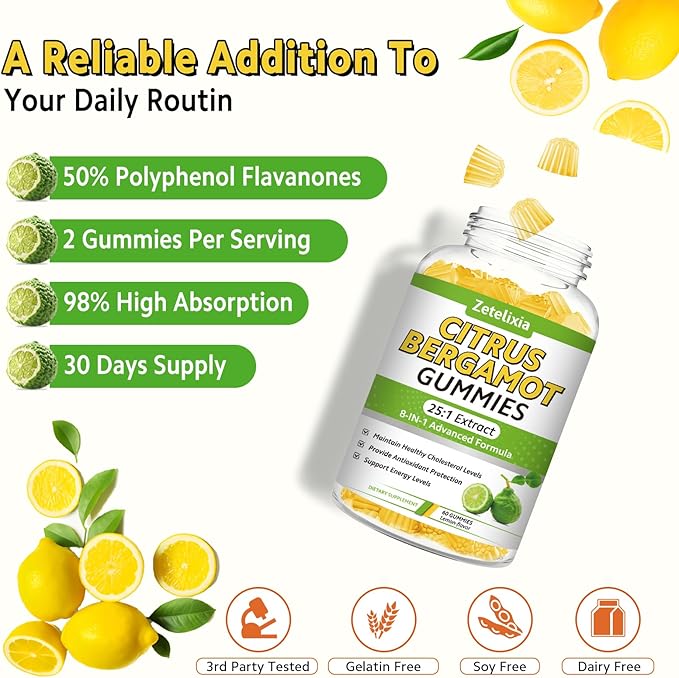 Citrus Bergamot Gummies, Citrus Bergamot Supplement for High Cholesterol, Cholesterol Lowering Supplement for Heart, Immune System & Healthy Aging Support, Sugar Free, Vegan, Lemon Flavor, 60 Count