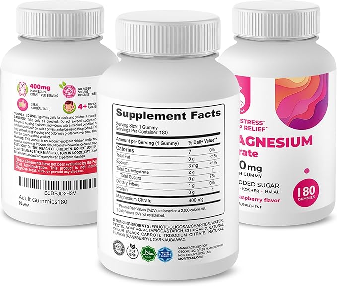 Dr. Moritz Magnesium Gummies for Adults - Low-Sugar 400 mg - Supports restful Sleep- Easy to Chew Adult and Kids Magnesium Citrate Gummies (180 Count) - Raspberry Flavored