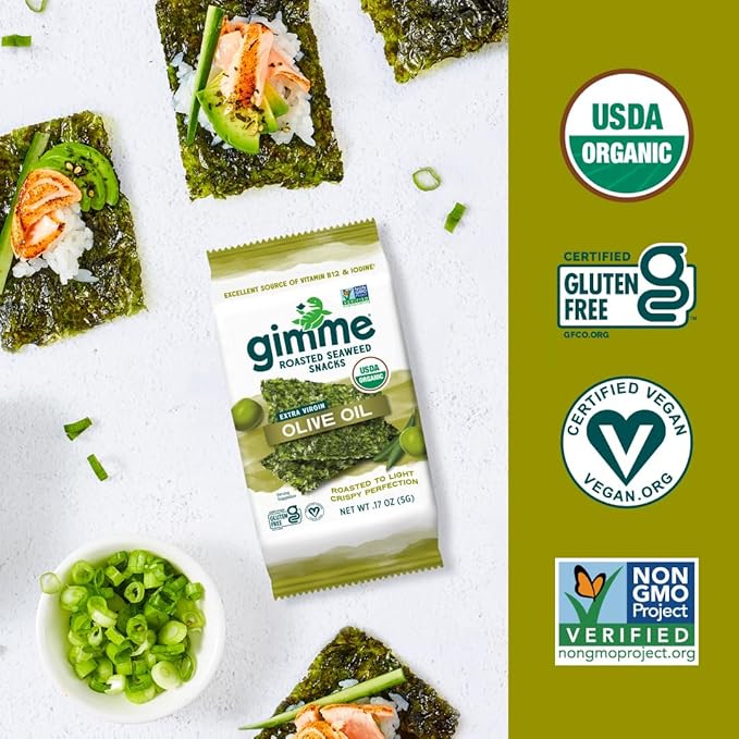 Gimme Seaweed Organic Premium Roasted Seaweed Snacks, Extra Virgin Olive Oil, 6 Count, Keto, Vegan, Gluten-Free, Great Source of Omega3s and Iodine, Healthy On-The-Go Snack for Kids and Adults