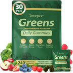 Greens Daily Gummies, Superfood Fruits and Veggies Blend with Spirulina, Chlorella, Prebiotics & Fiber, Adaptogens Multivitamin Supplement for Women & Men Digestive Health, Non-GMO, 240 Count