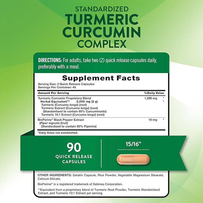 Nature's Truth Turmeric Curcumin Capsules | 90 Count | with 95% Standardized Curcuminoids and Bioperine | Non-GMO and Gluten Free Supplement