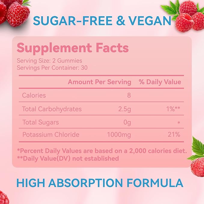 2 Pack Potassium Gummies, Potassium Chloride 1000mg for Adults, Chewable Potassium Supplement for Women & Men, Support Leg Cramps & Muscle Health - Sugar-Free, Vegan,120 Count