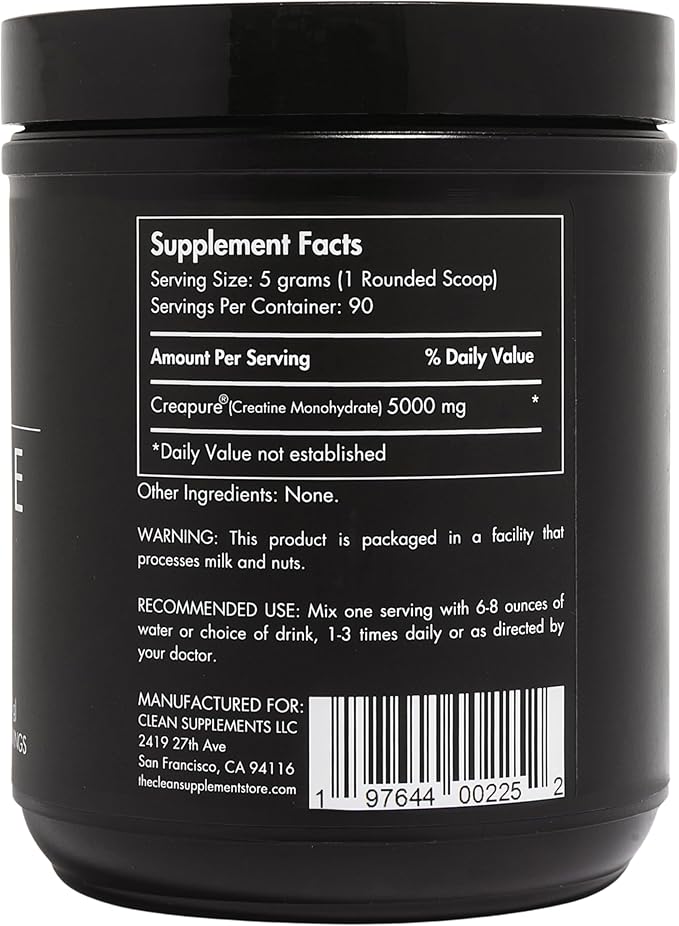 CLEAN Creatine - 100% Creapure® Creatine Monohydrate Powder for Muscle Health, Performance and Cognitive Support | 3rd Party Certified by NSF | 90 Servings | Unflavored | Vegan, Keto, and Gluten-Free