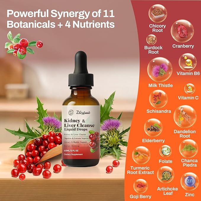 Kidney Cleanse Drops with Cranberry Extract, Milk Thistle, Chanca Piedra & Artichoke - Herbal Supplement for Liver Kidney Detox & Urinary Tract Support, 60ml