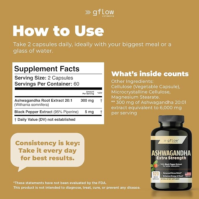 Ashwagandha Supplements for Women and Men | Sleep, Mood and Energy Support | Extra Strength, Vegan Friendly, Non-GMO, Made in USA - Pack of 2