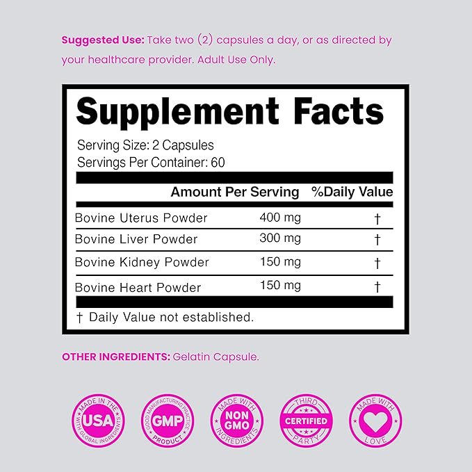 Beef Organ Supplement for Women - Grass Fed Beef Liver, Heart, Kidney & Uterus 1000mg Per Serving - Support Women's Energy & Overall Health - Third Party Tested & Non GMO - USA Made (120 Capsules)