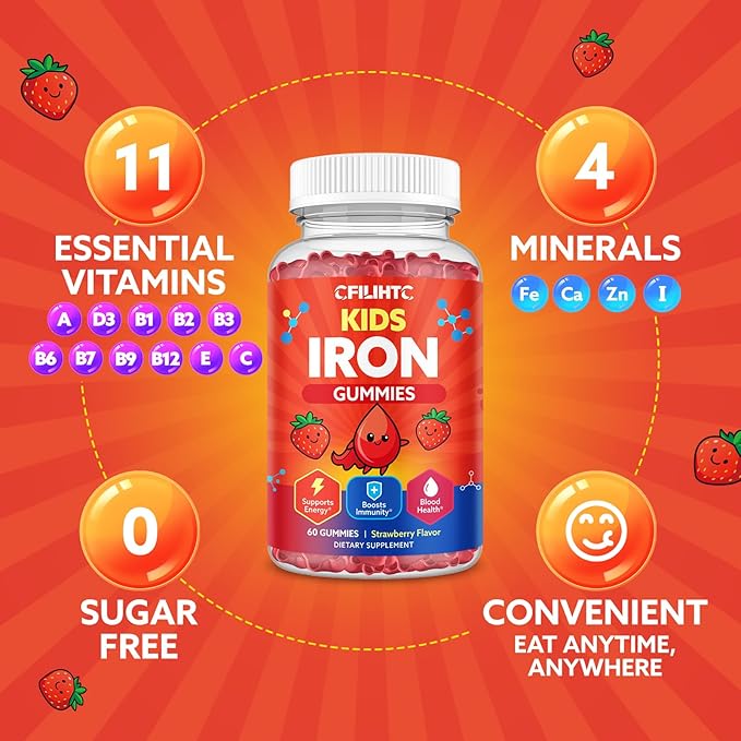 Iron Gummies for Kids & Teens, Kids Multivitamin with Iron Supplement, Calcium, Folate, Zinc, Prebiotic - for Blood Builder & Energy Support, Iron Deficiency - Vegan & Non-GMO - 60 Count Strawberry