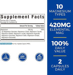 10 in 1 Magnesium Complex, 420mg Elemental Magnesium | Ultra Strength, Max Absorption | Chelated Magnesium Supplement for Nerves, Bone & Heart Health | Non-GMO, 120 Vegan Capsules