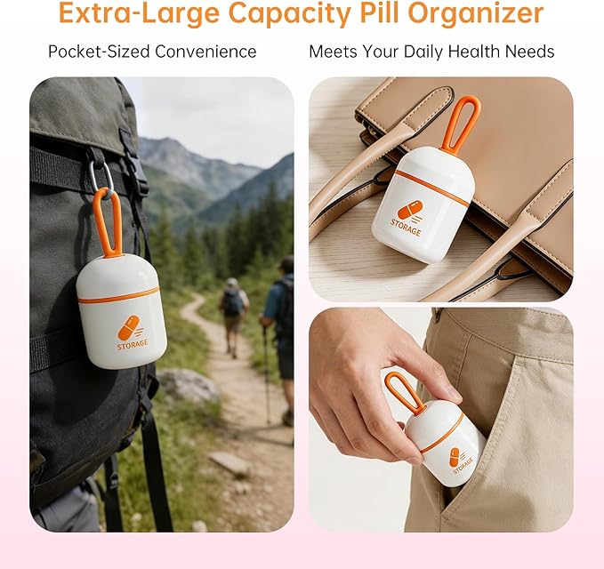 Keychain Pill Holder, Small Pill Box Case Container Organizer for Purse, Medicine Travel Organizer, Silicone Seal Moisture Proof Mini Pill Bottle for Outdoor Camping Travel Jewelry（Orange）