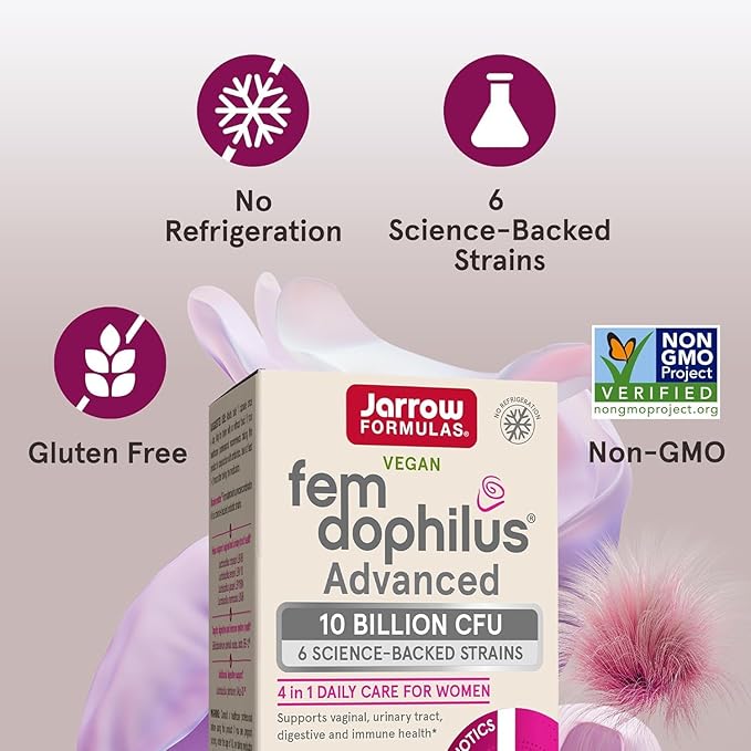 Jarrow Formulas Fem-Dophilus Advanced Vaginal & Digestive Probiotics 10 Billion CFU, for Vaginal, Urinary Tract, Digestive & Immune Support, 30 Capsules (Pack of 2)