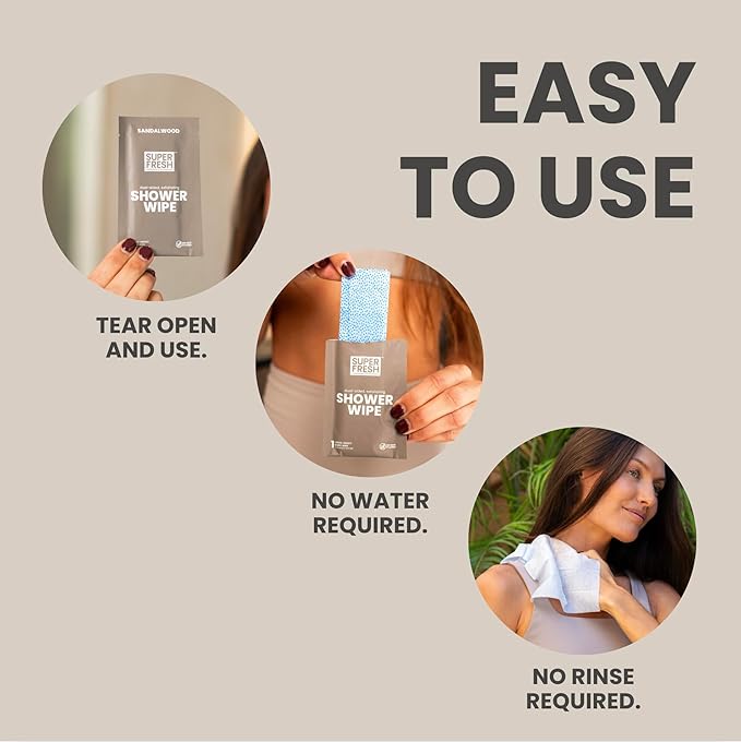 Super Fresh Shower Wipes Large Sandalwood Body Wipes for No Rinse Bathing Personal Hygiene Gym Travel or Camping Enriched with Aloe and Vitamin E 50 Individually Wrapped Disposable Sheets
