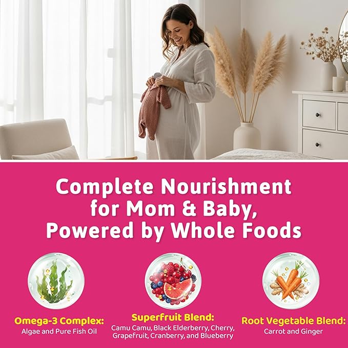 Prenatal Vitamin for Womem, 37-In-1 Multivitamin Gummies w/Omega-3 DHA, Methylfolate, Choline, Iron, Vitamin B12 B6 D3 C, Postnatal Vitamins Support Mom & Baby | Before, During & After Pregnancy, 60Ct