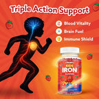 Iron Gummies for Kids & Teens, Kids Multivitamin with Iron Supplement, Calcium, Folate, Zinc, Prebiotic - for Blood Builder & Energy Support, Iron Deficiency - Vegan & Non-GMO - 60 Count Strawberry