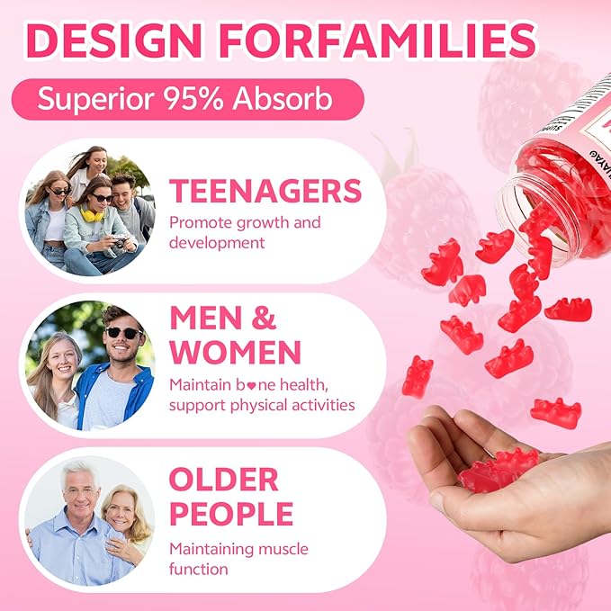 Calcium Citrate Gummies 1200mg for Adults & Kids, Chewable Calcium Citrate for Bone, Muscle & Immune Support, Bioavailable Calcium Supplements for Women & Men, Raspberry Flavor, 60 Count
