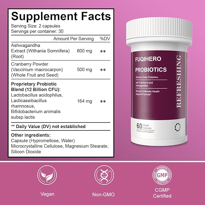 Vaginal Probiotics for Women - Vaginal Moisturizer,Supports Vaginal Health,Moisture,clean,pH Balance,Fights Itch,Odor & Yeast,Enhances Intimate Wellness,Probiotics,Ashwagandha,Cranberry 60 Ct