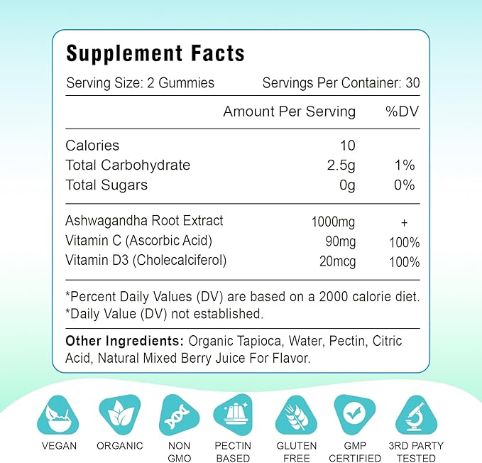 2 Pack Ashwagandha Gummies with Vitamin D for Women & Men, Sugar Free Vegan 1000MG Ashwagandha Supplement Gummy & Vitamin C, 120 Count