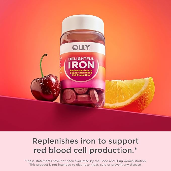 OLLY Delightful Iron Chewable Tablet, Iron Supplement from AB Fortis, Fruit Punch Flavored, 30 or 20 Day Supply - 60 Count