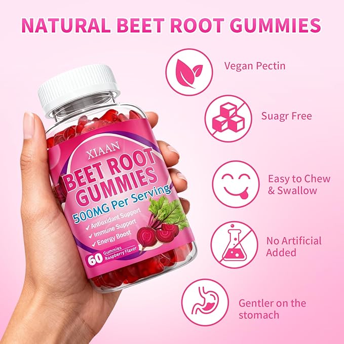 Beet Root Gummies for Women & Men, Beetroot Supplement Beet Chews with Vitamins Grape Seed for Antioxidant Supoort & Immune Health, Sugar-Free/Vegan/Organic,Raspberry Flavor 60 Count