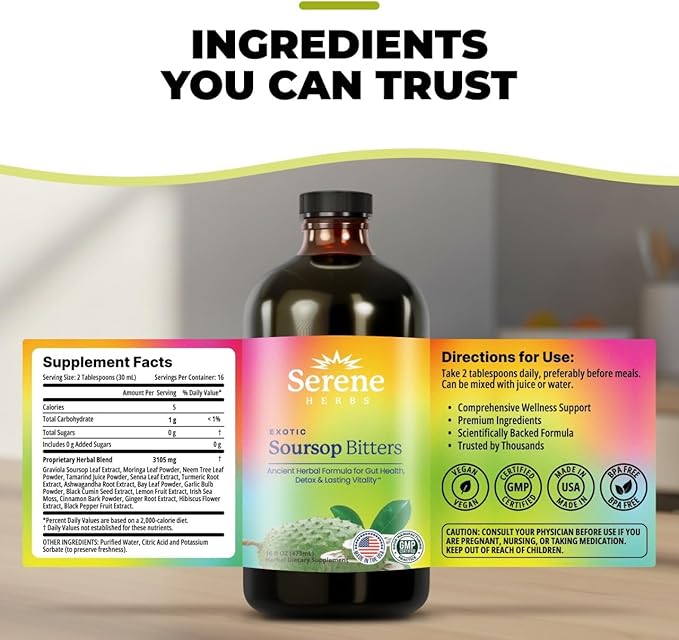 Serene Herbs - Soursop Bitters Liquid - Organic Herbal Guanabana Detox with Black Seed, Moringa & Ginger - Supports Digestive Wellness & Immune Function - 16 fl oz