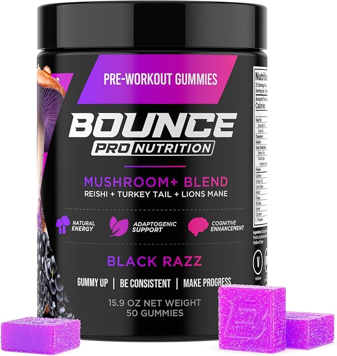 Bounce Pro Pre Workout Gummies – 50 Vegan Chewable Gummies with Caffeine, Lion’s Mane & L-Theanine for Energy, Focus & Endurance – Mushroom Preworkout for Men & Women – Black Razz Flavor
