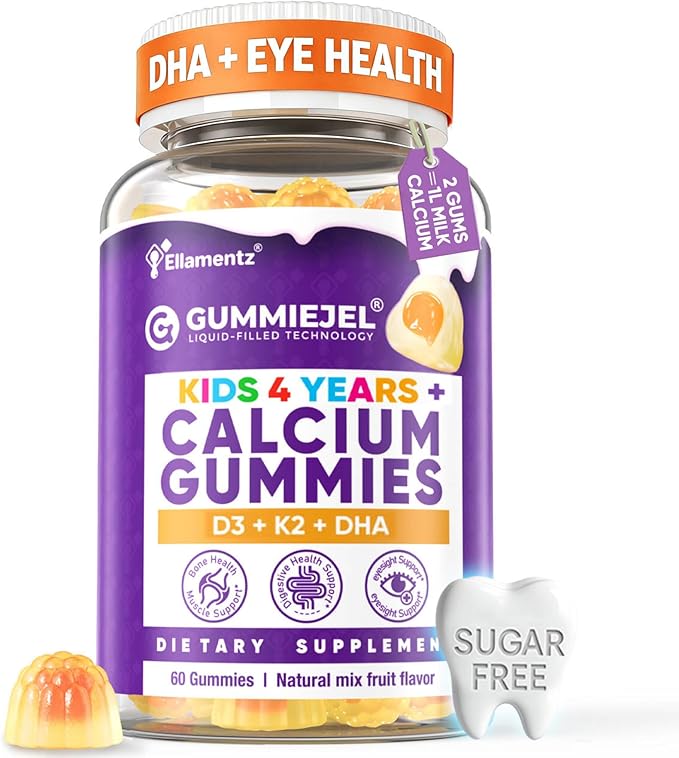 Sugar Free Kids Calcium Gummies (Ages 4-12) - 300mg Calcium Citrate w/Vitamin D3 K2 Magnesium - Algae DHA, Lutein & Zeaxanthin for Strong Bones, Eye & Brain Support - Gelatin Free - 60 Gummies