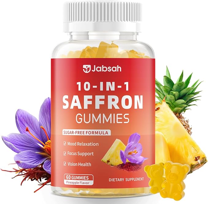 Saffron Gummies for Adult Kids, 10-IN-1 Saffron Supplements with Saffron Extract 88.5 mg, Vitamin D3, B6, B12, L-Theanine, St. John's Wort, Ashwagandha for Mood, Focus, Calm, Melatonin-Free, 60 Count