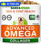 BARK&SPARK Advanced Omega-3 Collagen for Dogs - 180 Salmon & Fish Oil Treats for Dog Shedding, Skin Allergy Chews, Itch Relief, Hot Spots Treatment - Joints, Skin & Coat Supplement,EPA&DHA Fatty Acids