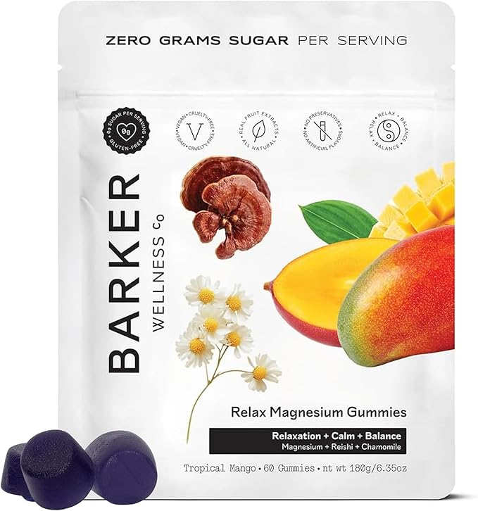 Barker Wellness Magnesium Relax Gummies | Advanced Stress & Muscle Tension Relief | Promotes Calm & Relaxation with Reishi Mushroom & Chamomile | Vegan, Sugar-Free, Tropical Mango | 60 Gummies