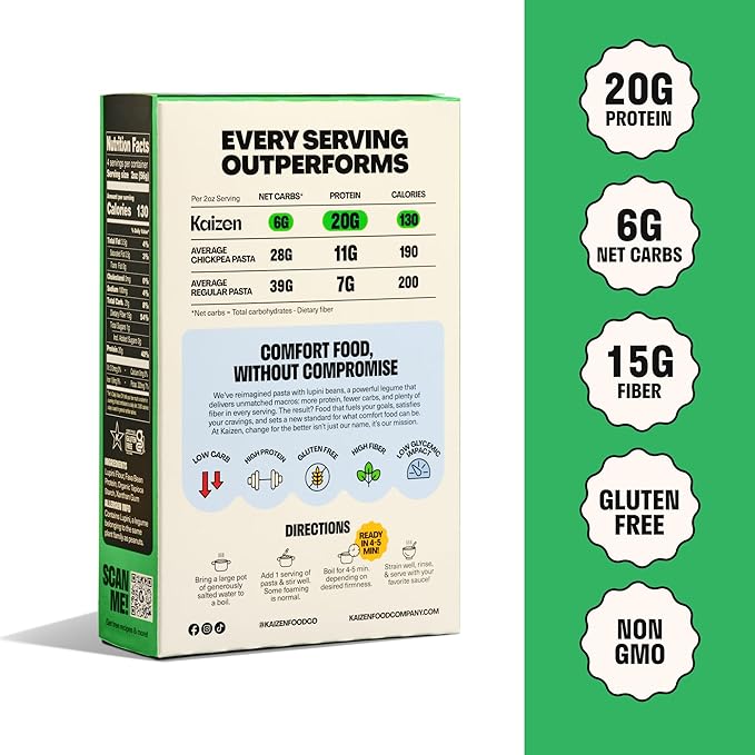 Kaizen Fusilli Protein Pasta, 20g Protein, Low Carb (6g Net Carbs), Keto-Friendly, Gluten-Free, Plant-Based Lupini Noodles, High Fiber, 8 Ounce, Pack of 3